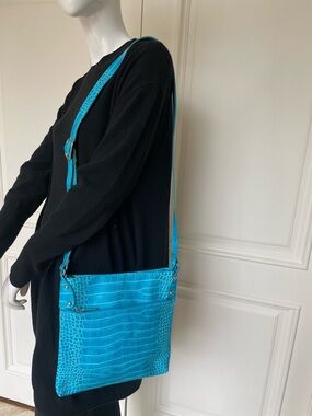 Danier Turquoise Croc-Embossed Shoulder Bag